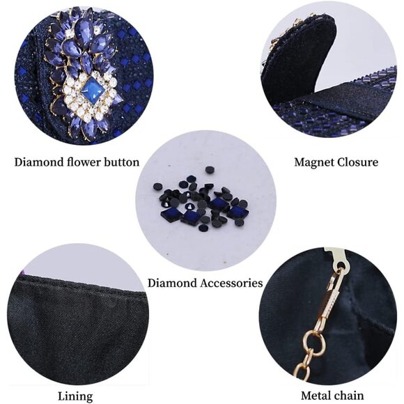 Womens Blue Novelty Bow Evening Silver Rhinestone Party Crystal Clutch - Picture 7 of 8